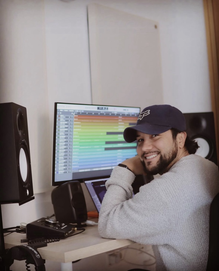 Leon Gabriel smiling in his recording studio
