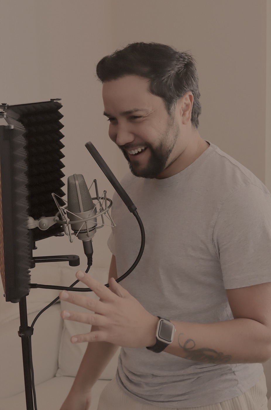 Leon Gabriel recording at the microphone